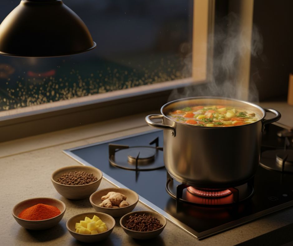 "חוזרים הביתה לבית קריר ומחפשים דרך מהירה להפשיר? בכתבה זו, הנטורופתית אביבה מסבירה איך להפוך את מרק הירקות הביתי ל'רדיאטור פנימי' בעזרת נבחרת תבלינים מחממים. גלו למה חריפות היא המפתח לייצור חום מטבולי, כיצד שילוב של ג'ינג'ר, צ'ילי וציפורן ממריץ את זרימת הדם עד קצות האצבעות, ולמה מים חמים לבדם פשוט לא מספיקים כדי לשמור עלינו מחוממים לאורך זמן."